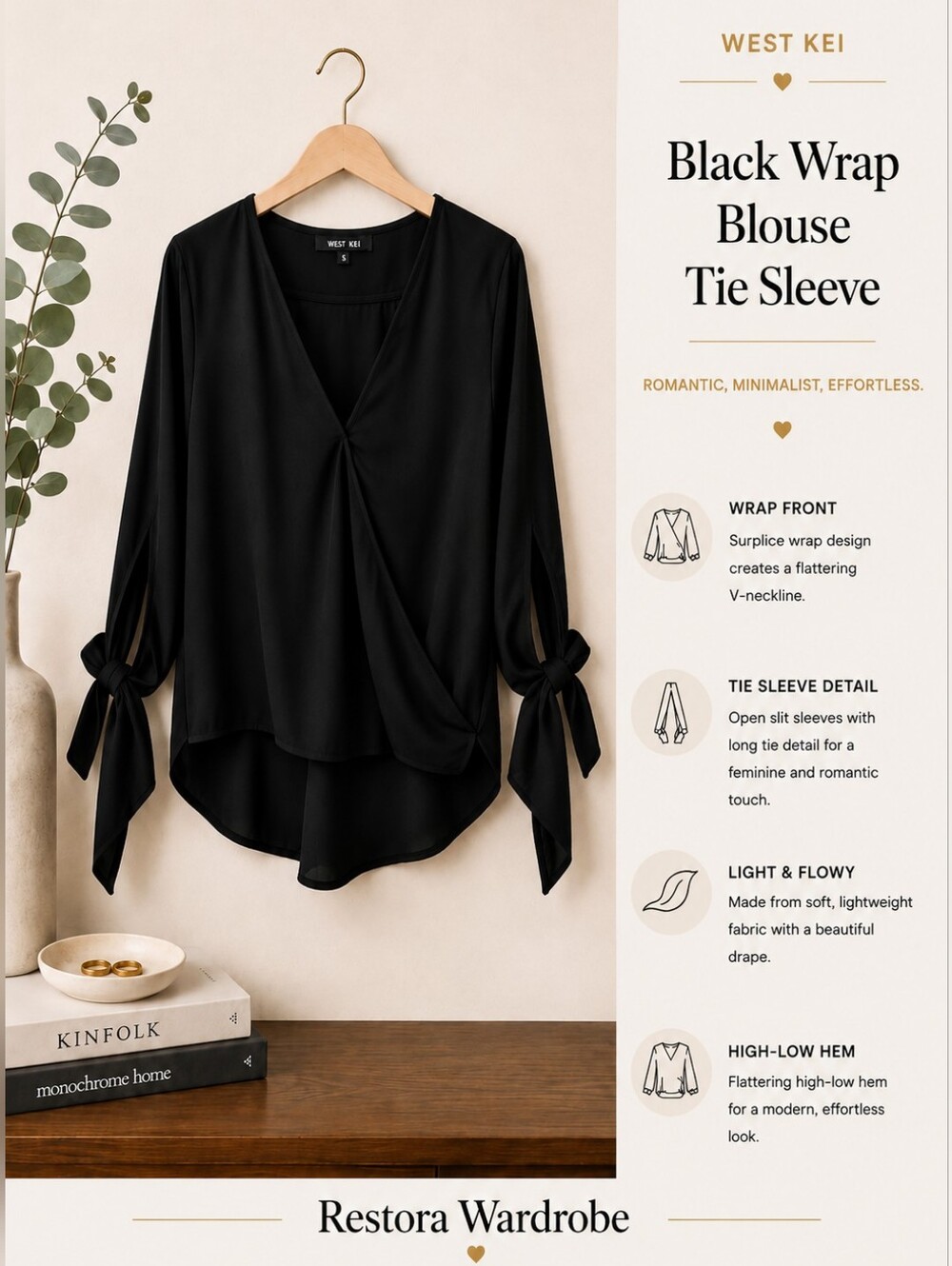 West Kei Black Wrap V Neck Blouse Tie Sleeve High Low Hem Size Small